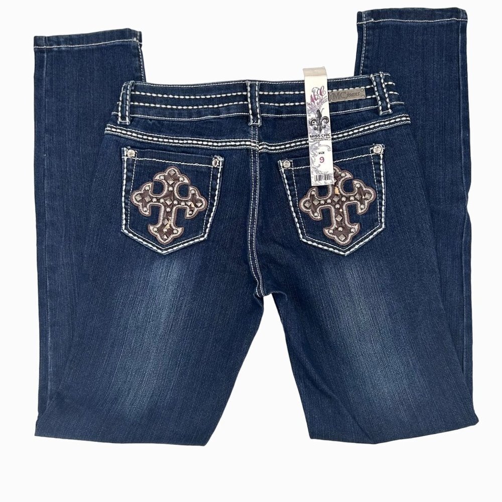 NWT MISS CHIC LOW RISE SKINNY STUD CROSS BLUE DENIM JEANS - 9